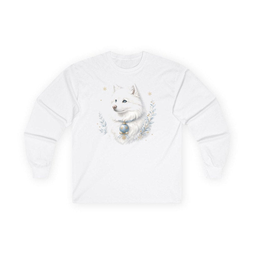 Snowy White Dog Bauble personalised long sleeve Christmas T-shirt in white
