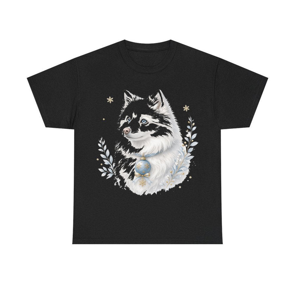 Snowy White Dog Bauble personalised Christmas T-shirt in black