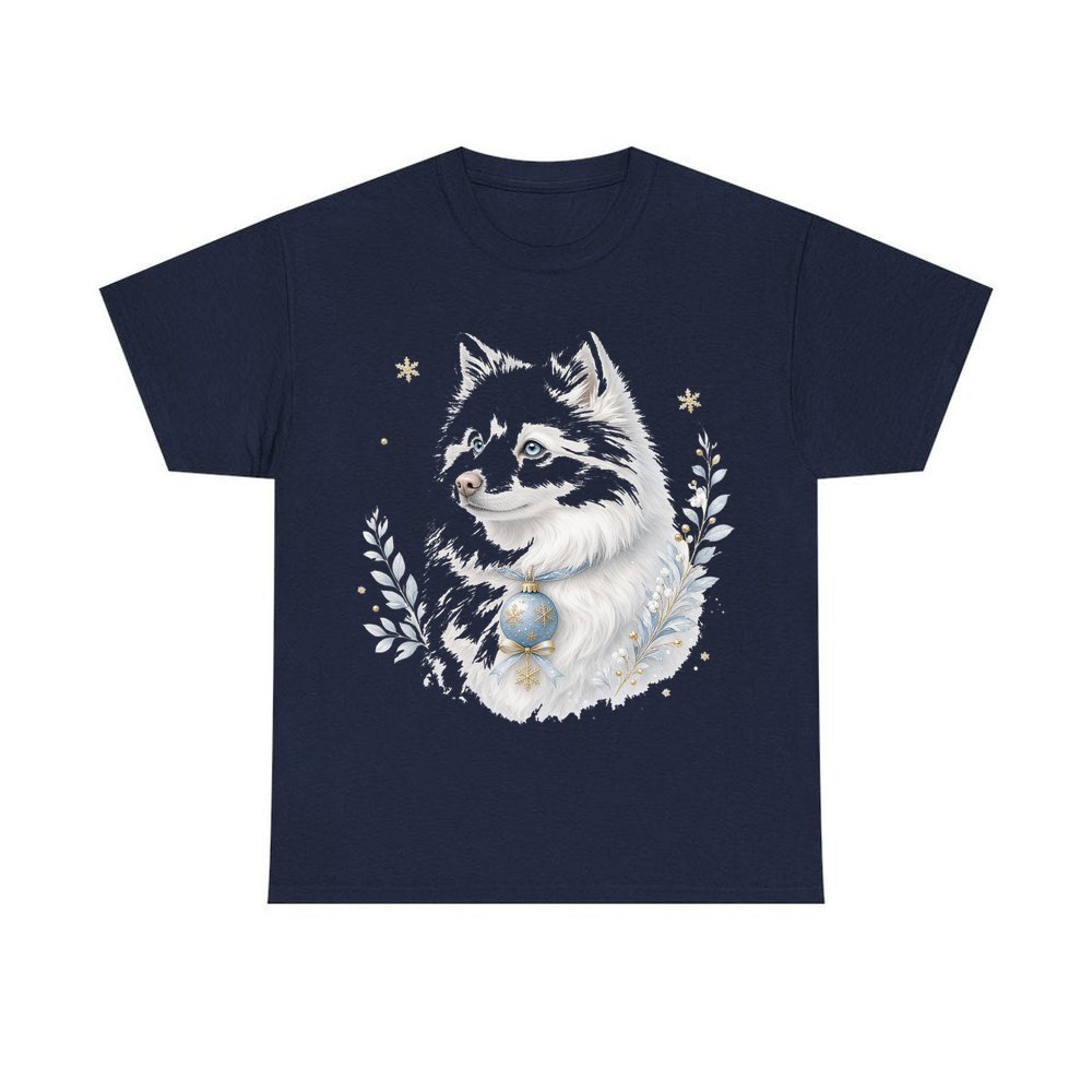 Snowy White Dog Bauble personalised Christmas T-shirt in navy
