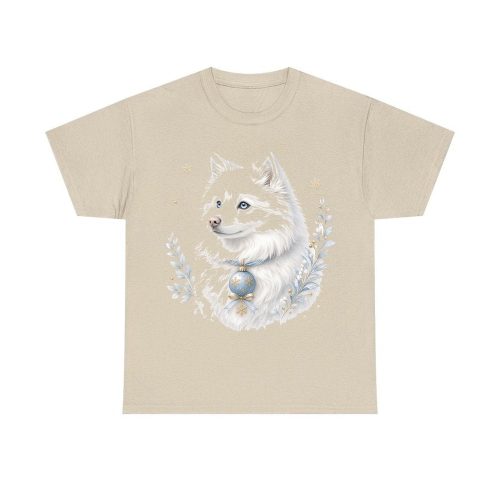 Snowy White Dog Bauble personalised Christmas T-shirt in sand
