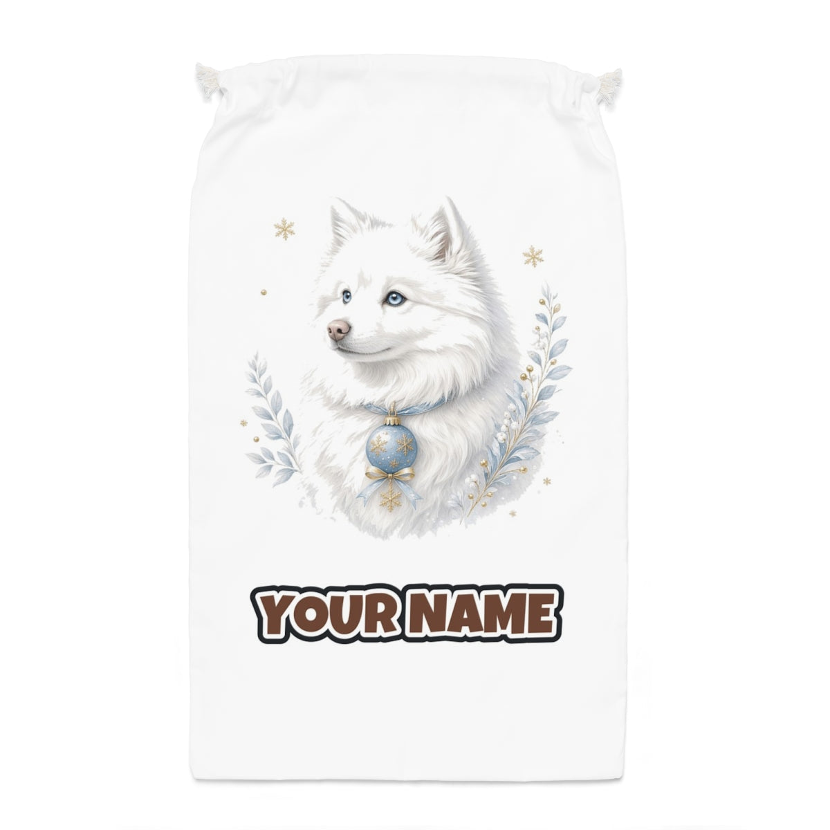 Snowy White Dog Bauble Santa sack laid flat, showing the full print