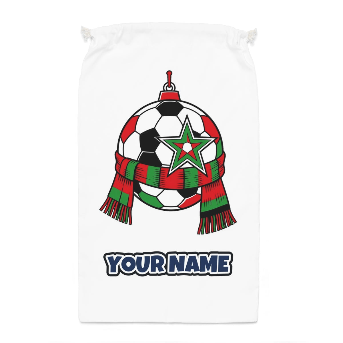 Soccer Ball And Scarf Bauble Santa sack laid flat, showing the full print