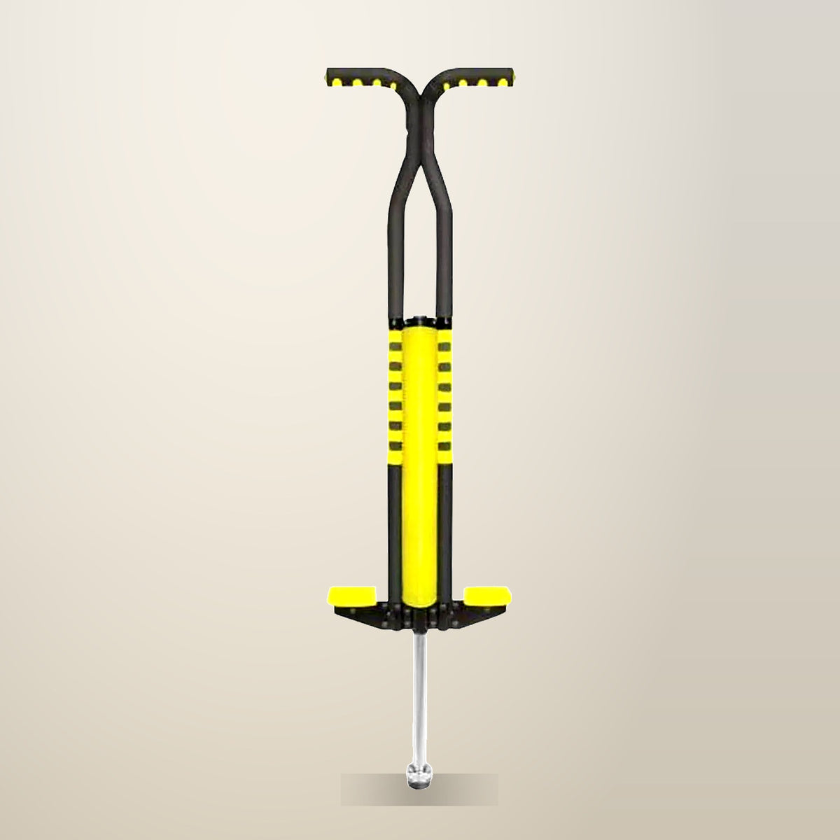 Social Hike Pogo Stick, Black and Yellow, Ages 8 to 14, on a plain cream background
