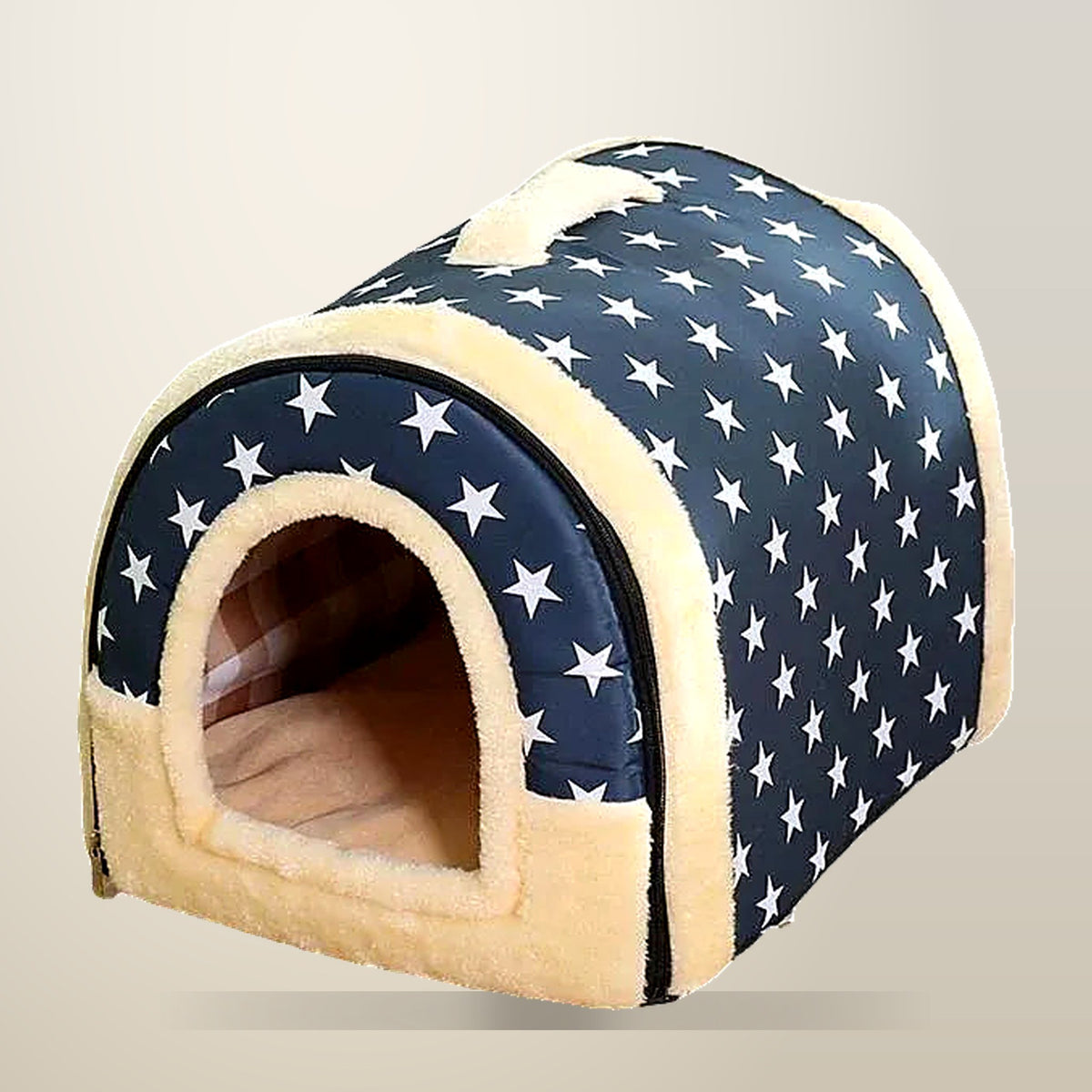 Igloo Cave Pet Bed, Sizes S, L or XL, on a plain cream background