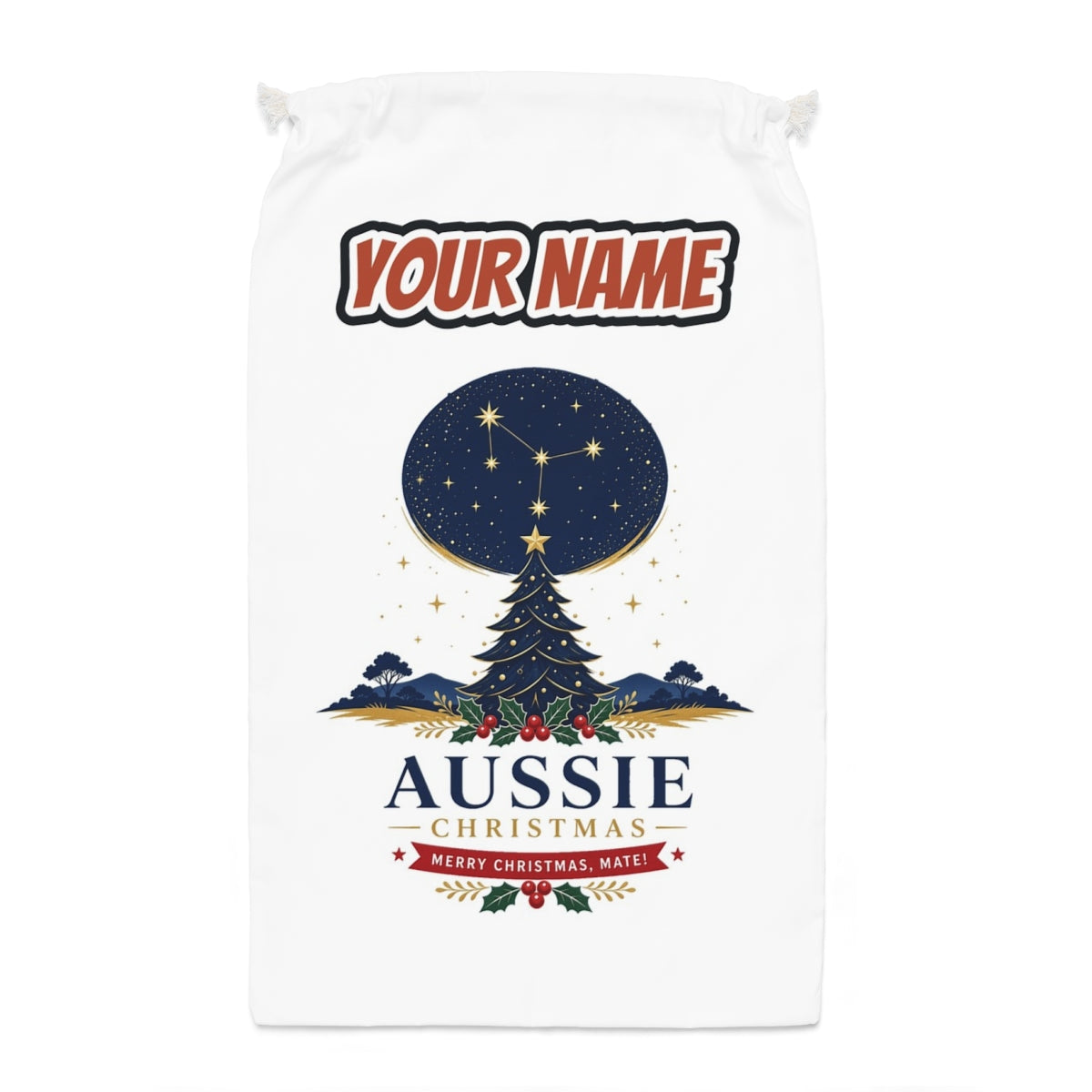 Southern Cross Christmas Tree Santa sack laid flat, showing the full print