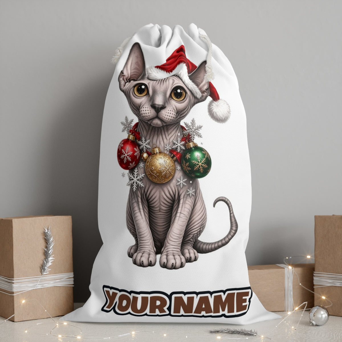 Sphynx personalised Santa sack, white, with the name printed under the artwork