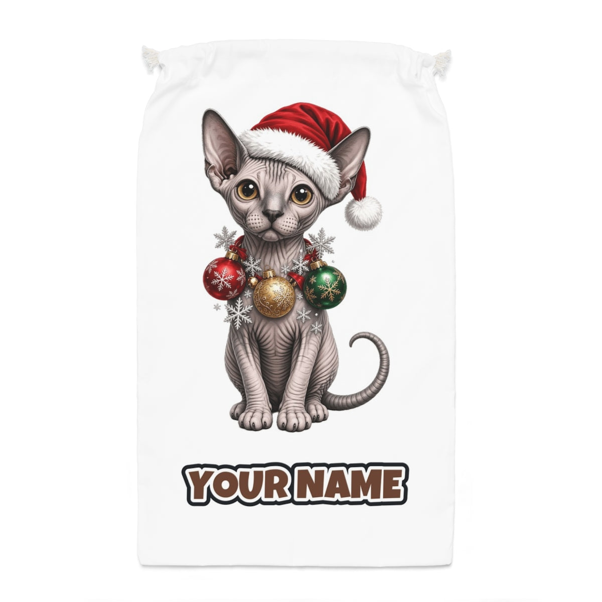 Sphynx Santa sack laid flat, showing the full print