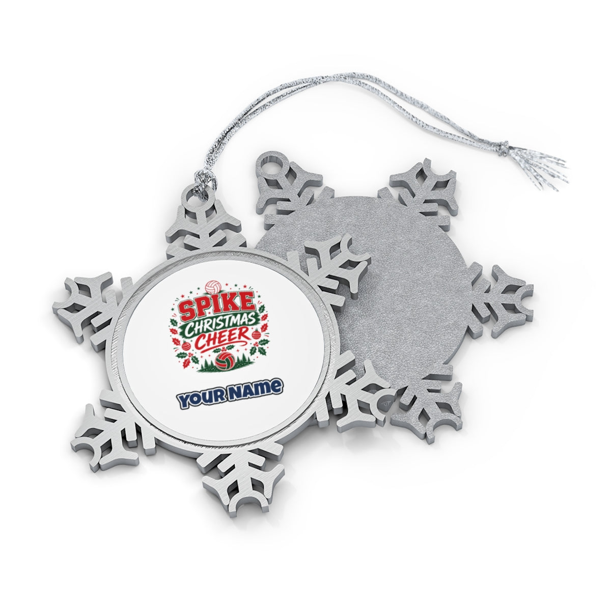 Spike Christmas Cheer Volleyball personalised pewter snowflake Christmas ornament, front and back, with a name under the design