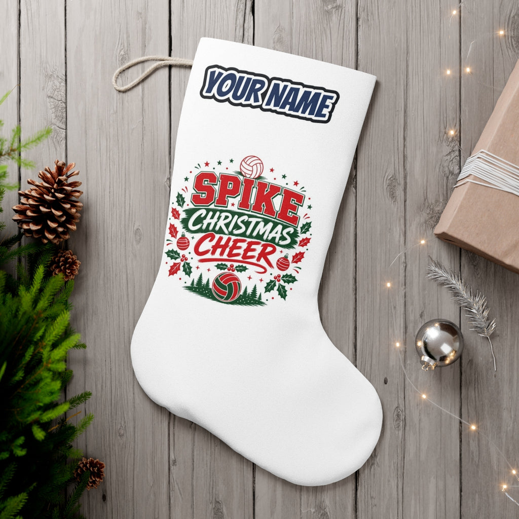 Spike Christmas Cheer Volleyball personalised Christmas stocking, white, with the name across the top