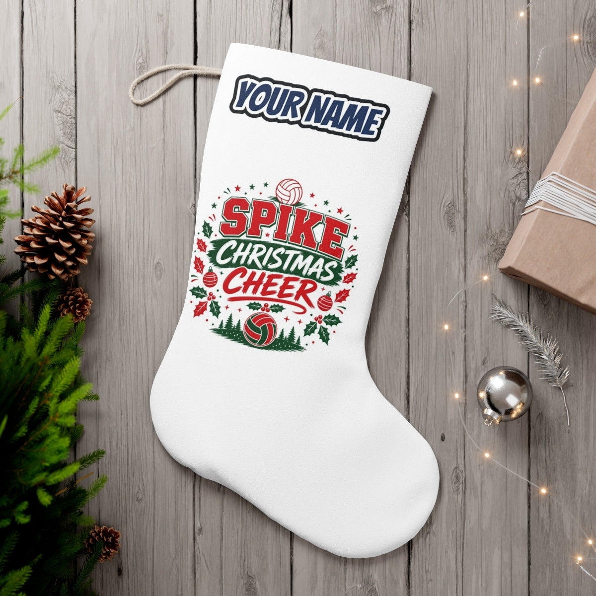 Spike Christmas Cheer Volleyball personalised Christmas stocking, white, with the name across the top