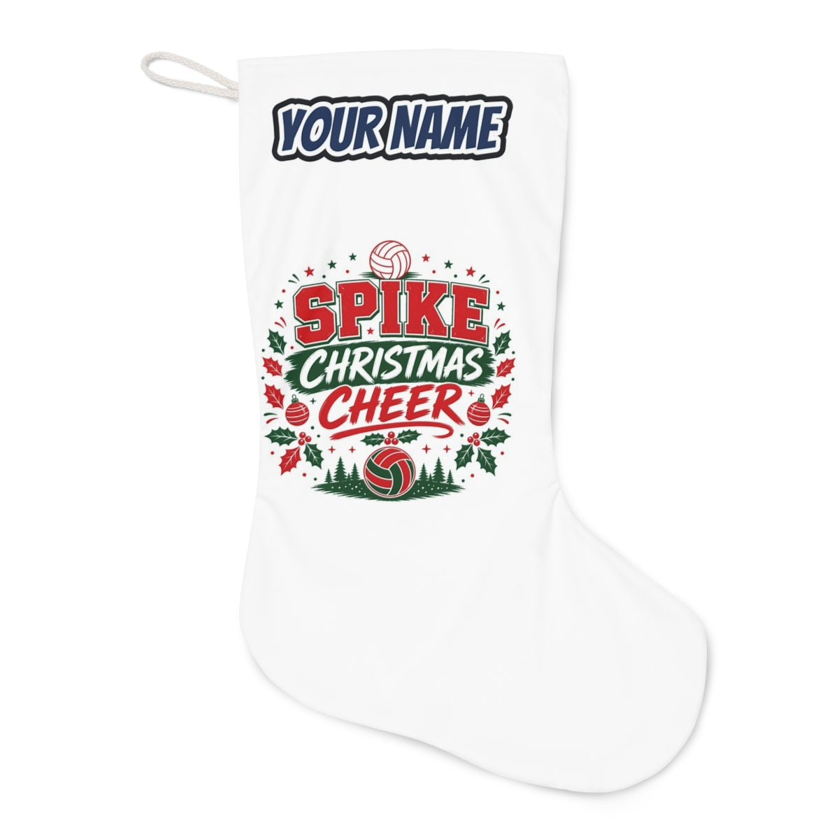 Spike Christmas Cheer Volleyball Christmas stocking laid flat, showing the full print