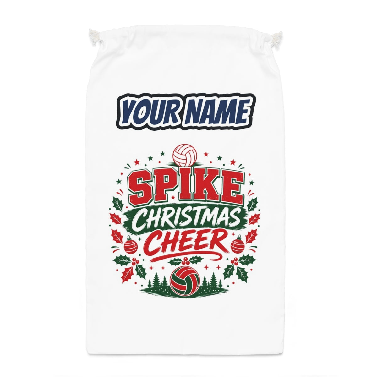 Spike Christmas Cheer Volleyball Santa sack laid flat, showing the full print