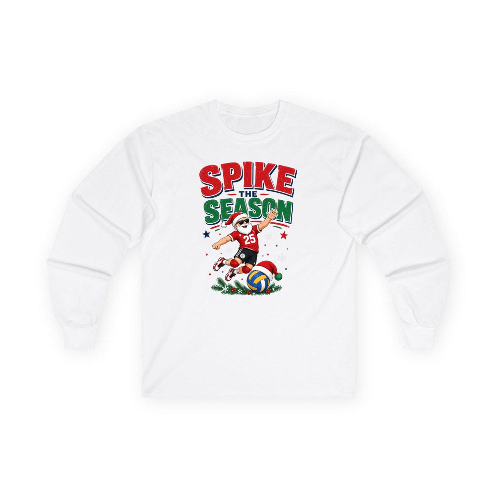Spike The Season Volleyball personalised long sleeve Christmas T-shirt in white