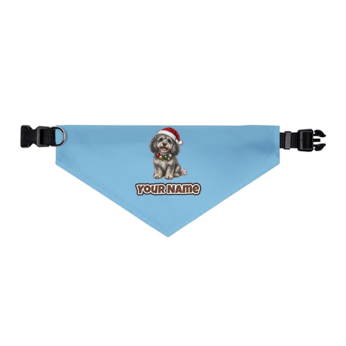 Spoodle personalised Christmas pet bandana in sky blue, collar with buckle