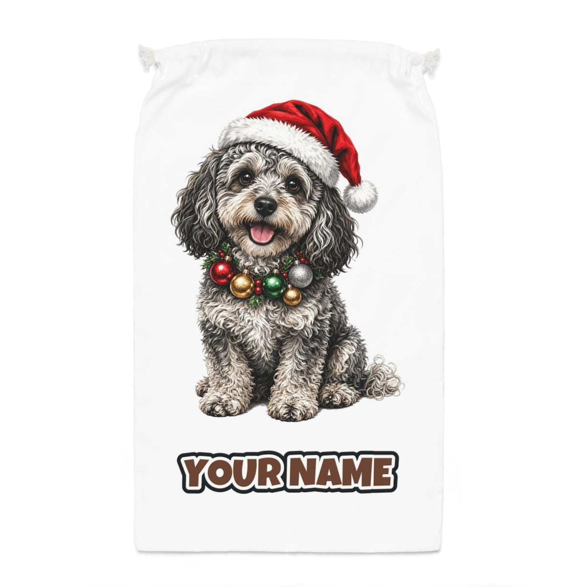 Spoodle Santa sack laid flat, showing the full print