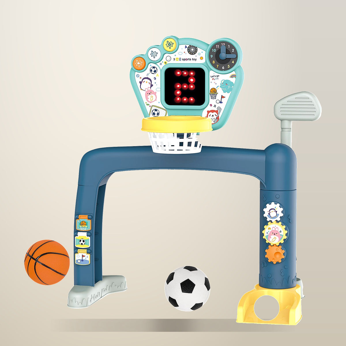 GEM Toys 3 in 1 Basketball, Soccer and Golf Set, on a plain cream background