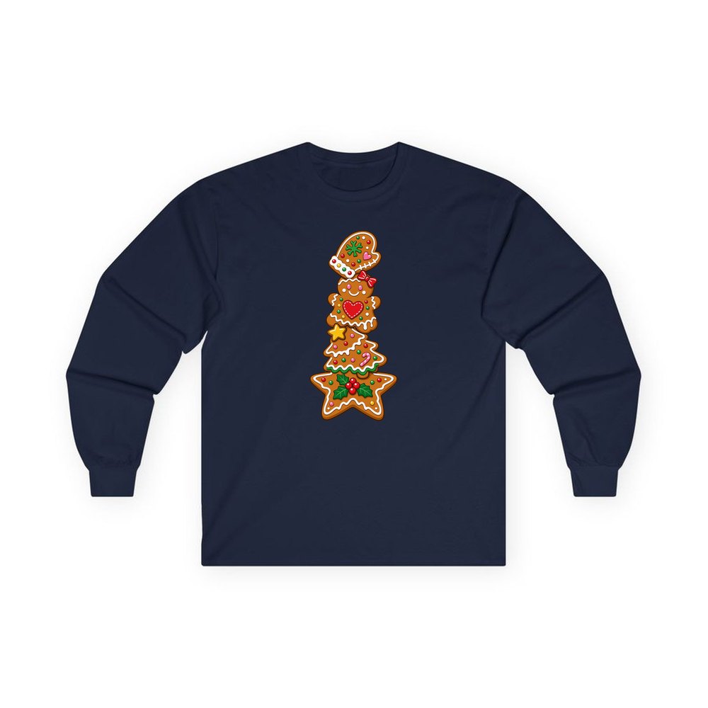 Stacked Gingerbread Biscuits personalised long sleeve Christmas T-shirt in navy