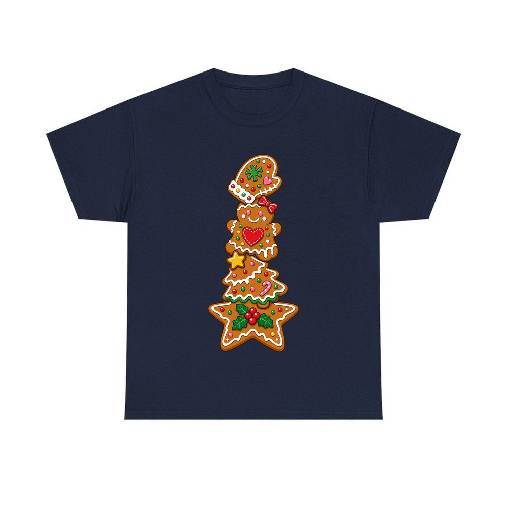 Stacked Gingerbread Biscuits personalised Christmas T-shirt in navy
