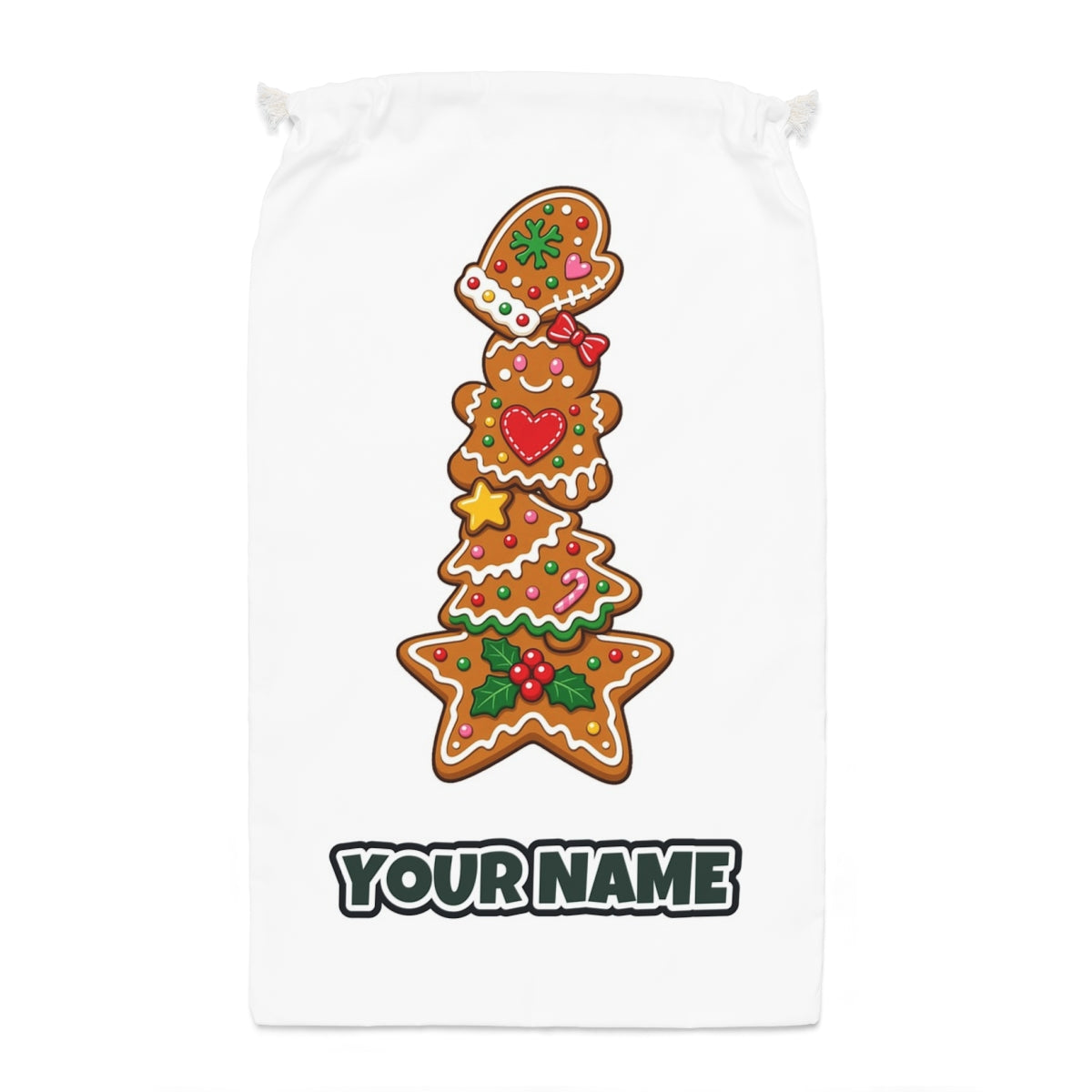 Stacked Gingerbread Biscuits Santa sack laid flat, showing the full print