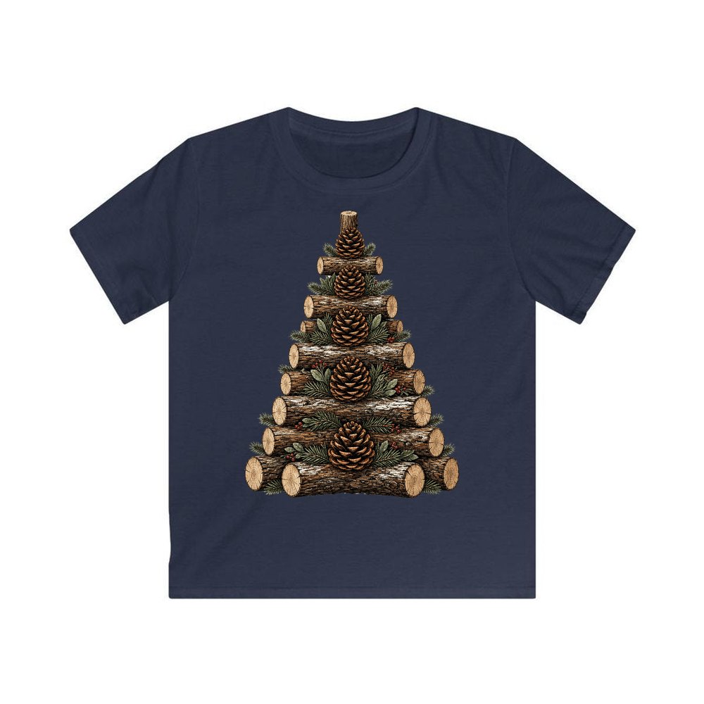 Stacked Log Christmas Tree personalised kids Christmas tee in navy