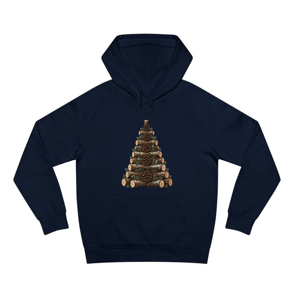 Stacked Log Christmas Tree personalised Christmas hoodie in navy