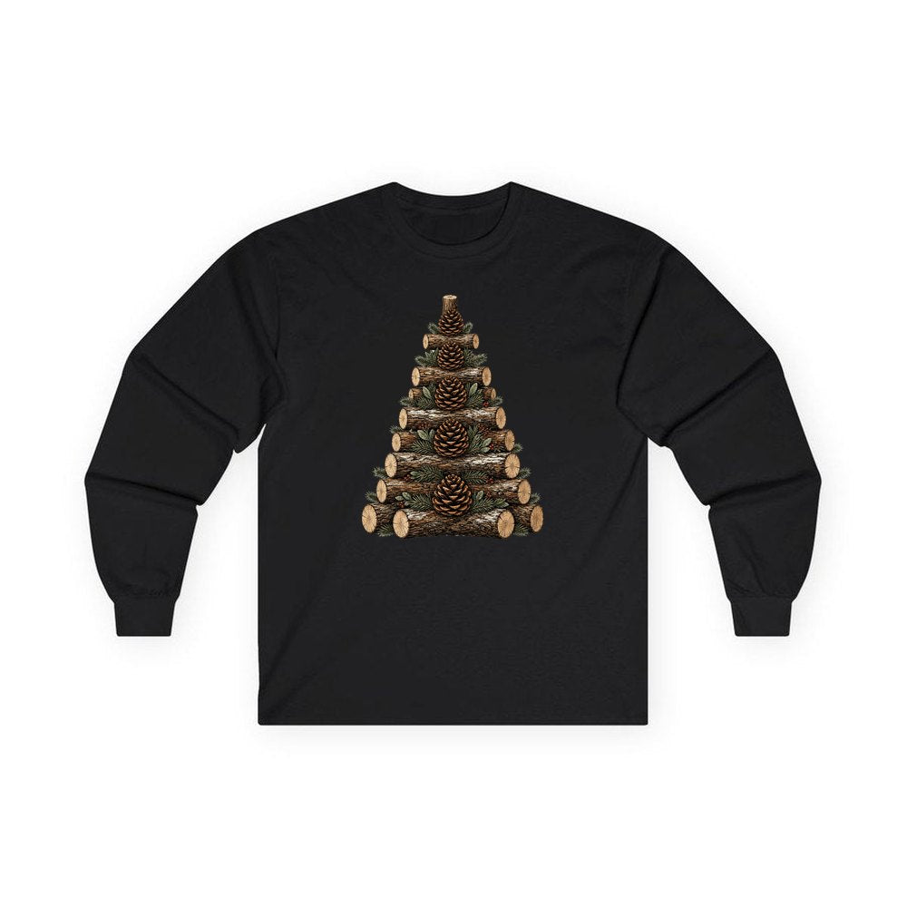 Stacked Log Christmas Tree personalised long sleeve Christmas T-shirt in black