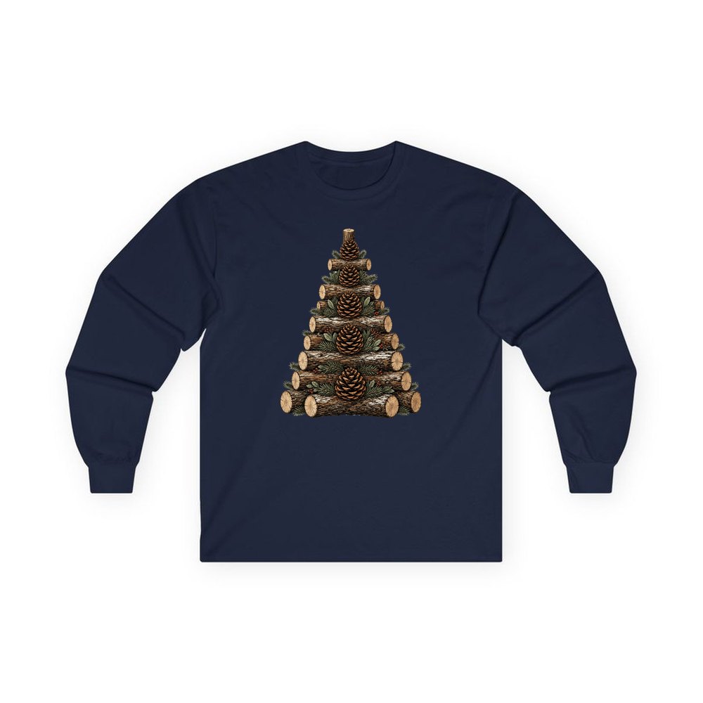 Stacked Log Christmas Tree personalised long sleeve Christmas T-shirt in navy