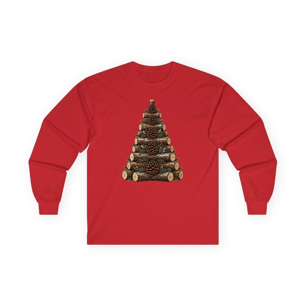 Stacked Log Christmas Tree personalised long sleeve Christmas T-shirt in red