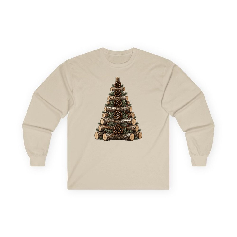 Stacked Log Christmas Tree personalised long sleeve Christmas T-shirt in sand