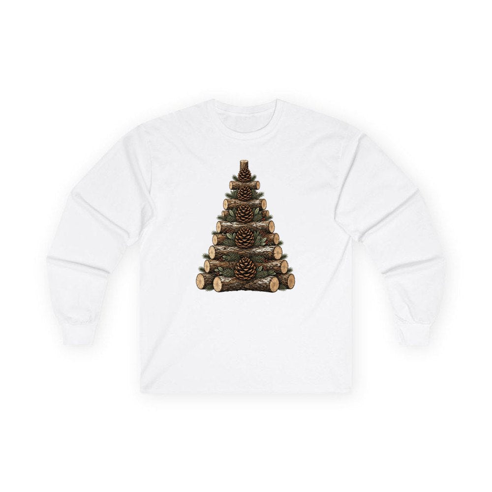 Stacked Log Christmas Tree personalised long sleeve Christmas T-shirt in white