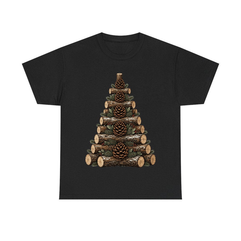 Stacked Log Christmas Tree personalised Christmas T-shirt in black