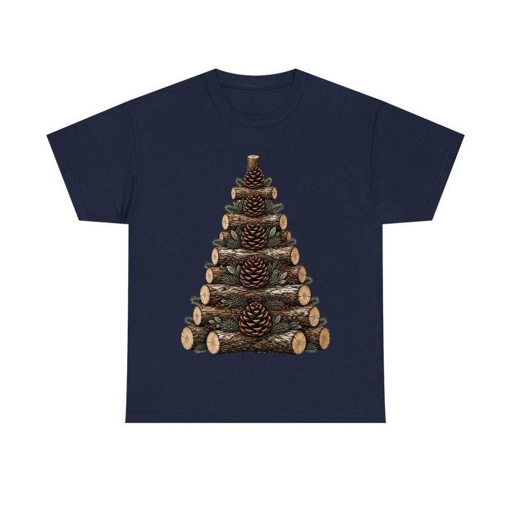 Stacked Log Christmas Tree personalised Christmas T-shirt in navy