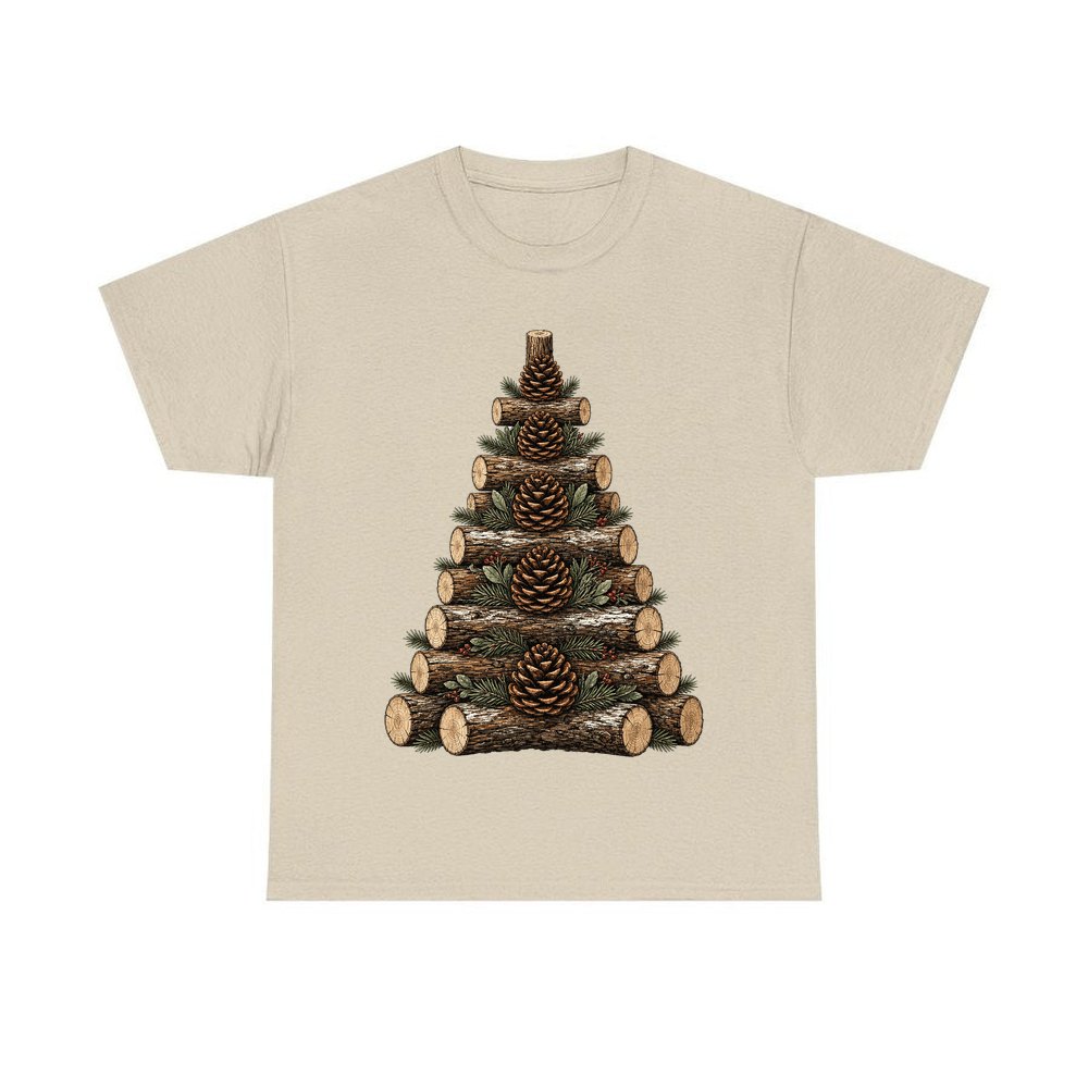 Stacked Log Christmas Tree personalised Christmas T-shirt in sand