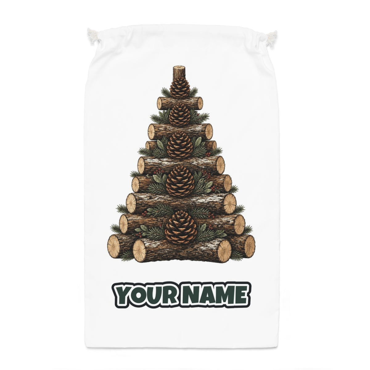 Stacked Log Christmas Tree Santa sack laid flat, showing the full print
