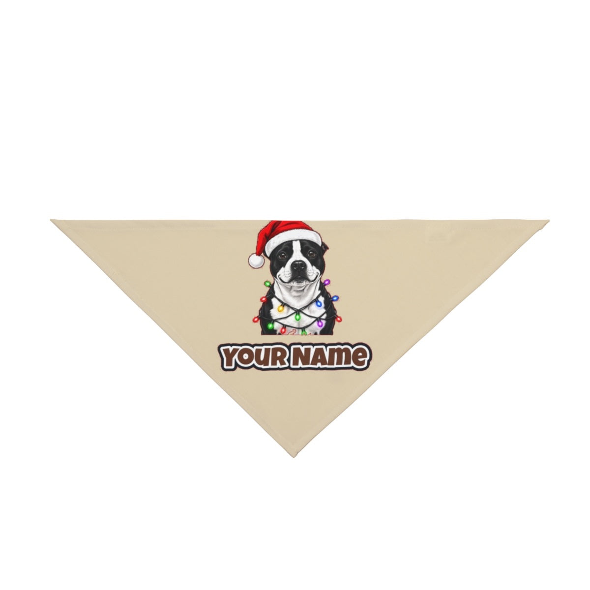 Staffy in Christmas Lights personalised Christmas pet bandana in beige, tie-on style
