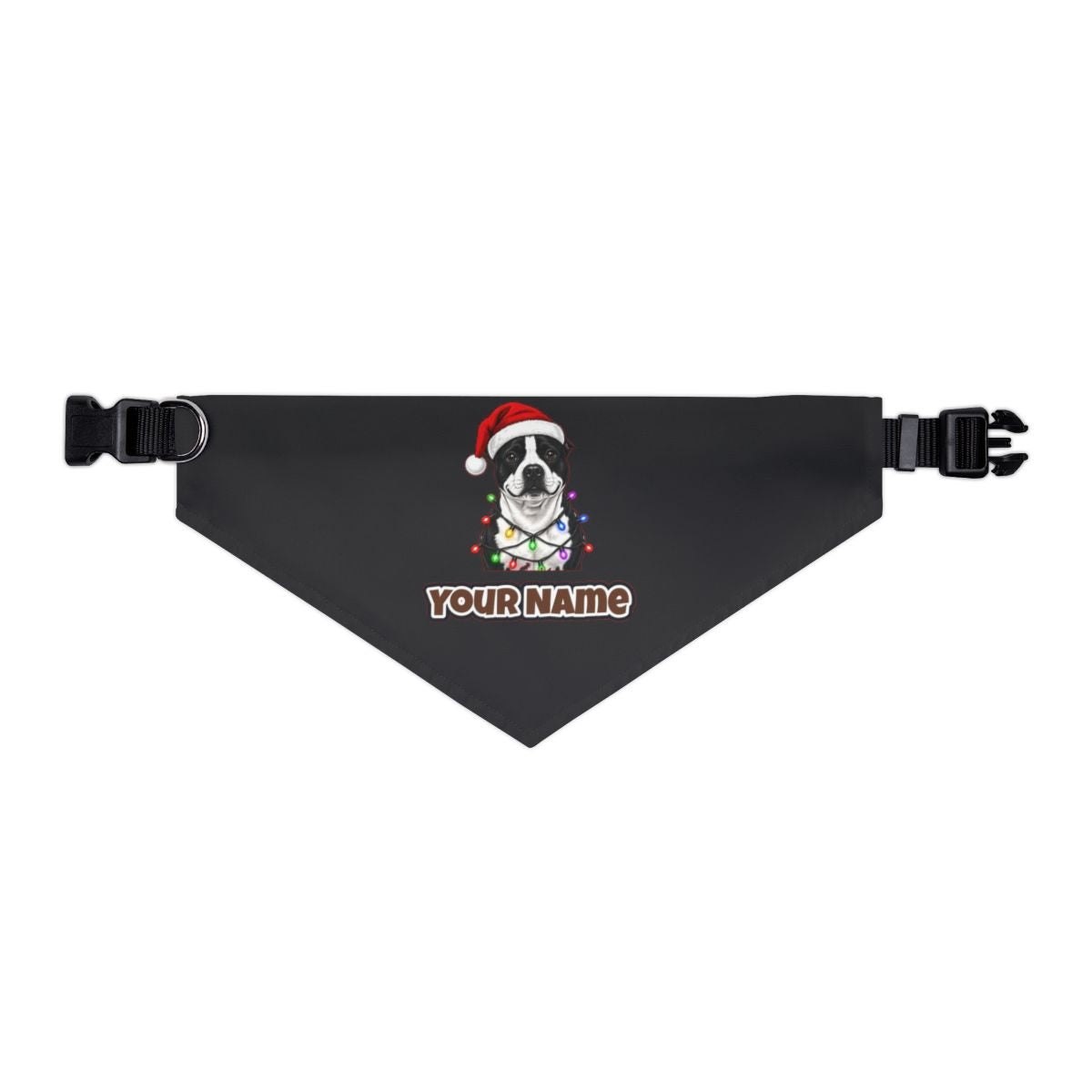Staffy in Christmas Lights personalised Christmas pet bandana in black, collar with buckle