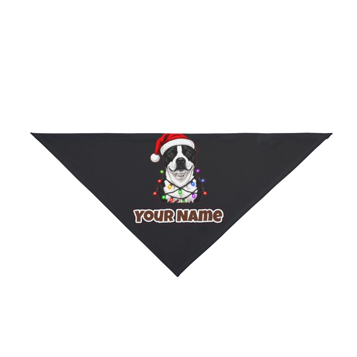 Staffy in Christmas Lights personalised Christmas pet bandana in black, tie-on style