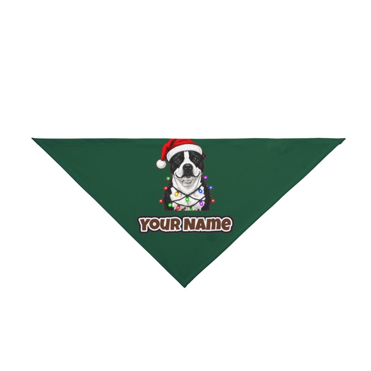 Staffy in Christmas Lights personalised Christmas pet bandana in green, tie-on style