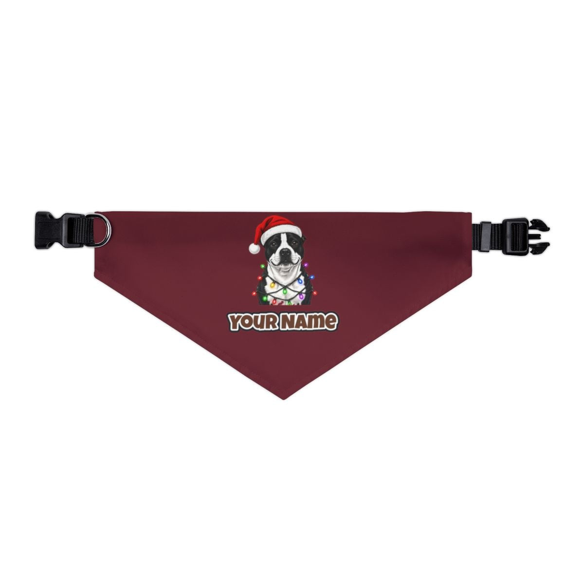 Staffy in Christmas Lights personalised Christmas pet bandana in maroon, collar with buckle