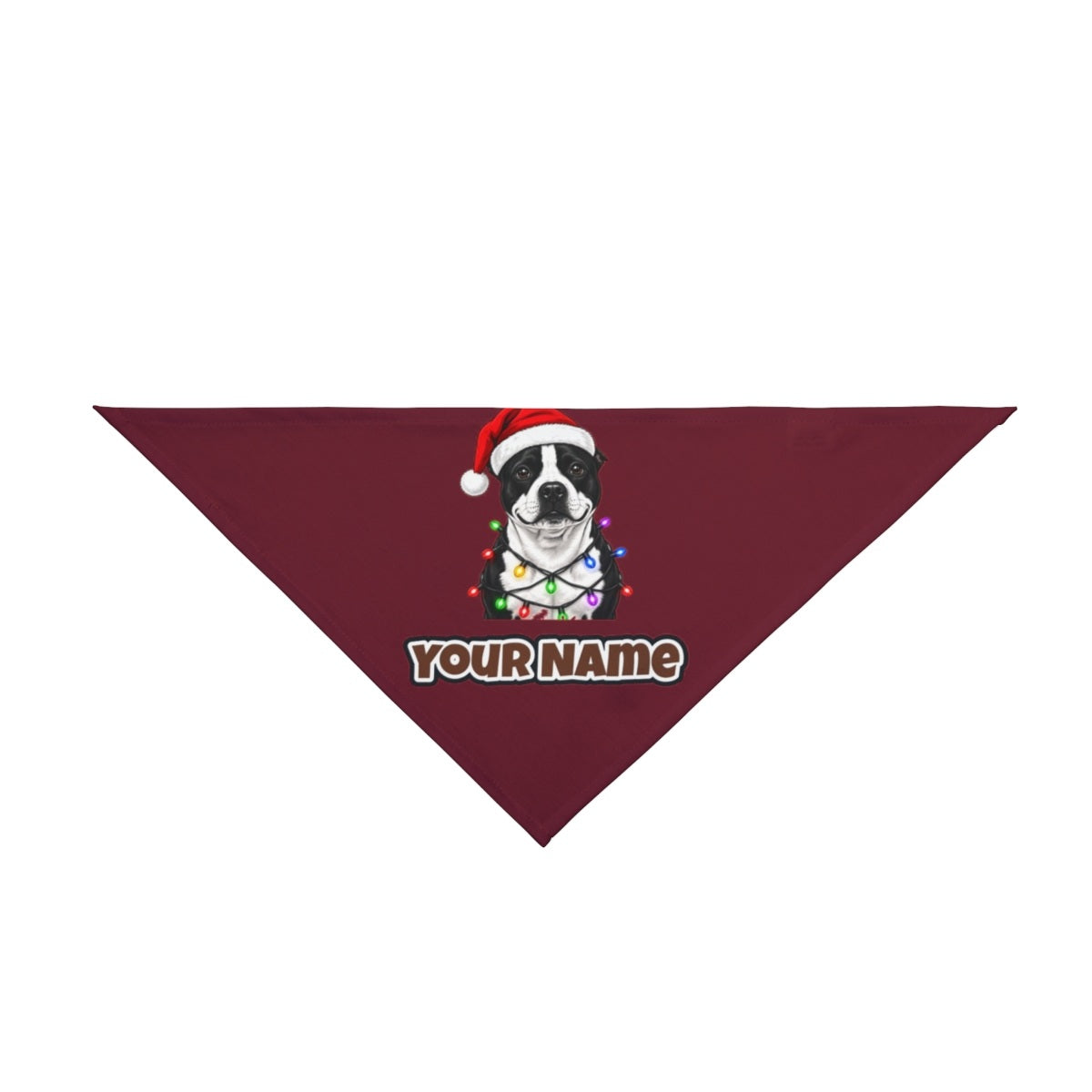 Staffy in Christmas Lights personalised Christmas pet bandana in maroon, tie-on style
