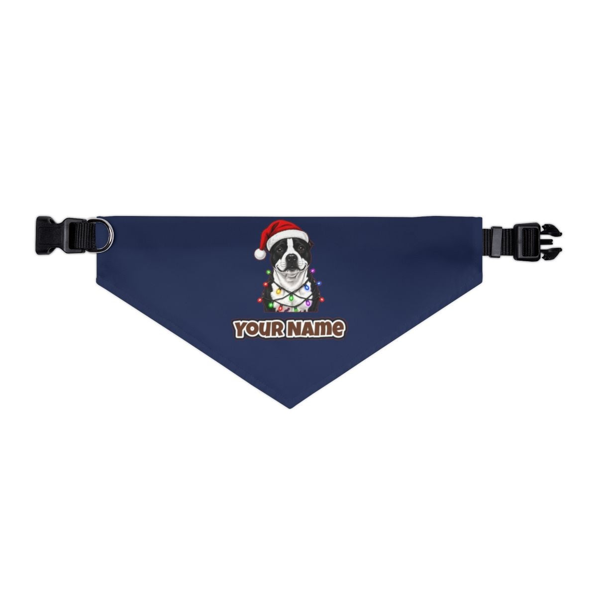 Staffy in Christmas Lights personalised Christmas pet bandana in navy, collar with buckle