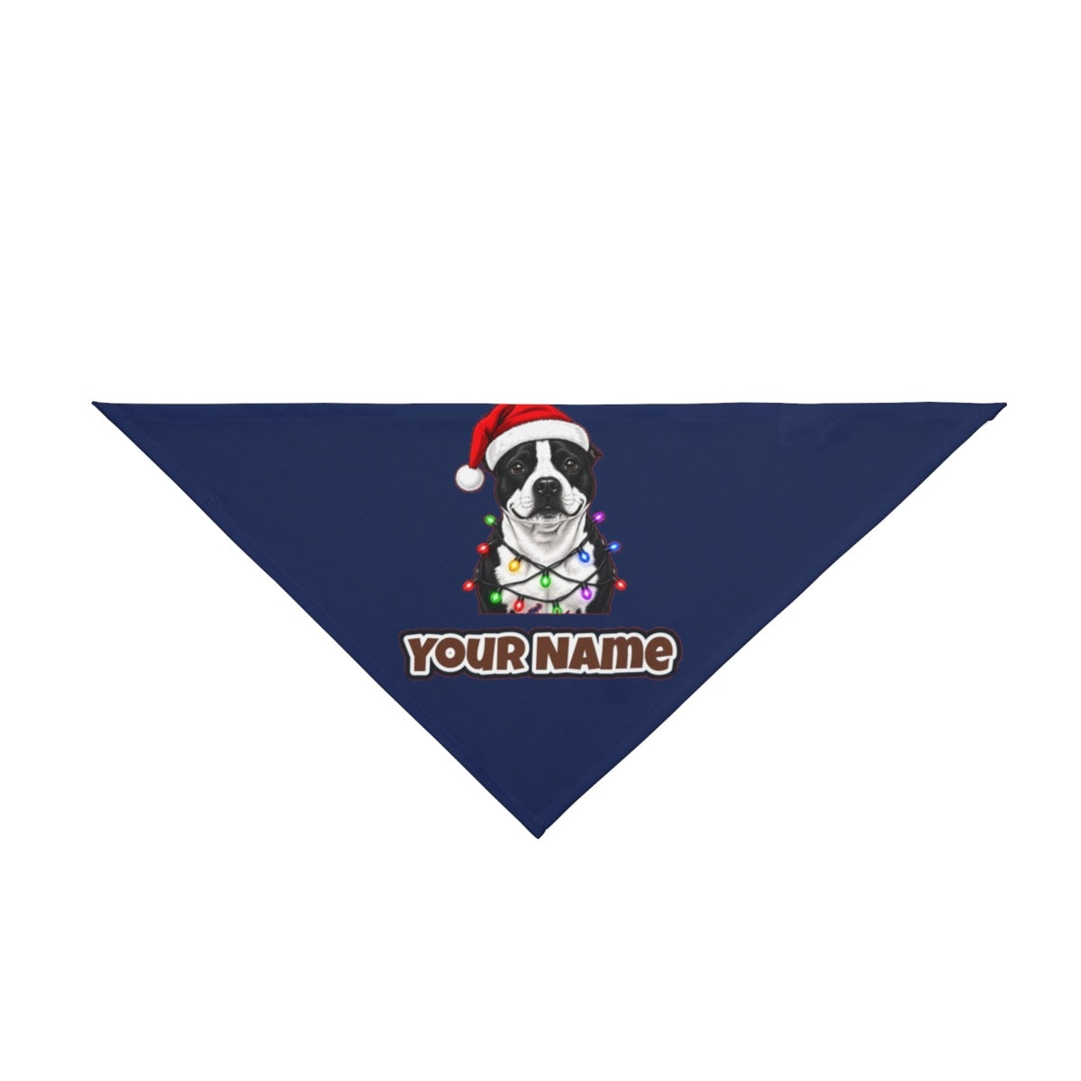 Staffy in Christmas Lights personalised Christmas pet bandana in navy, tie-on style