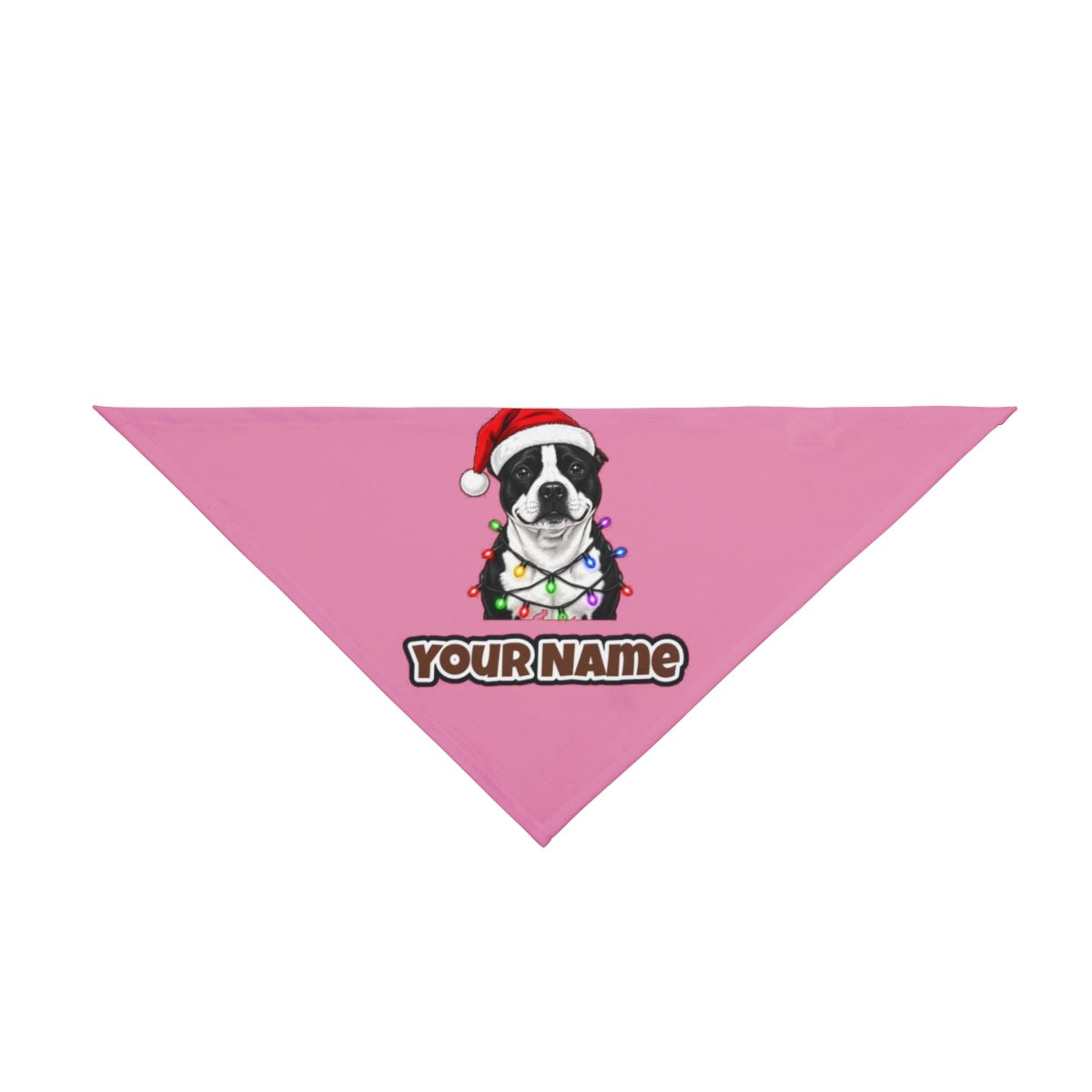 Staffy in Christmas Lights personalised Christmas pet bandana in pink, tie-on style