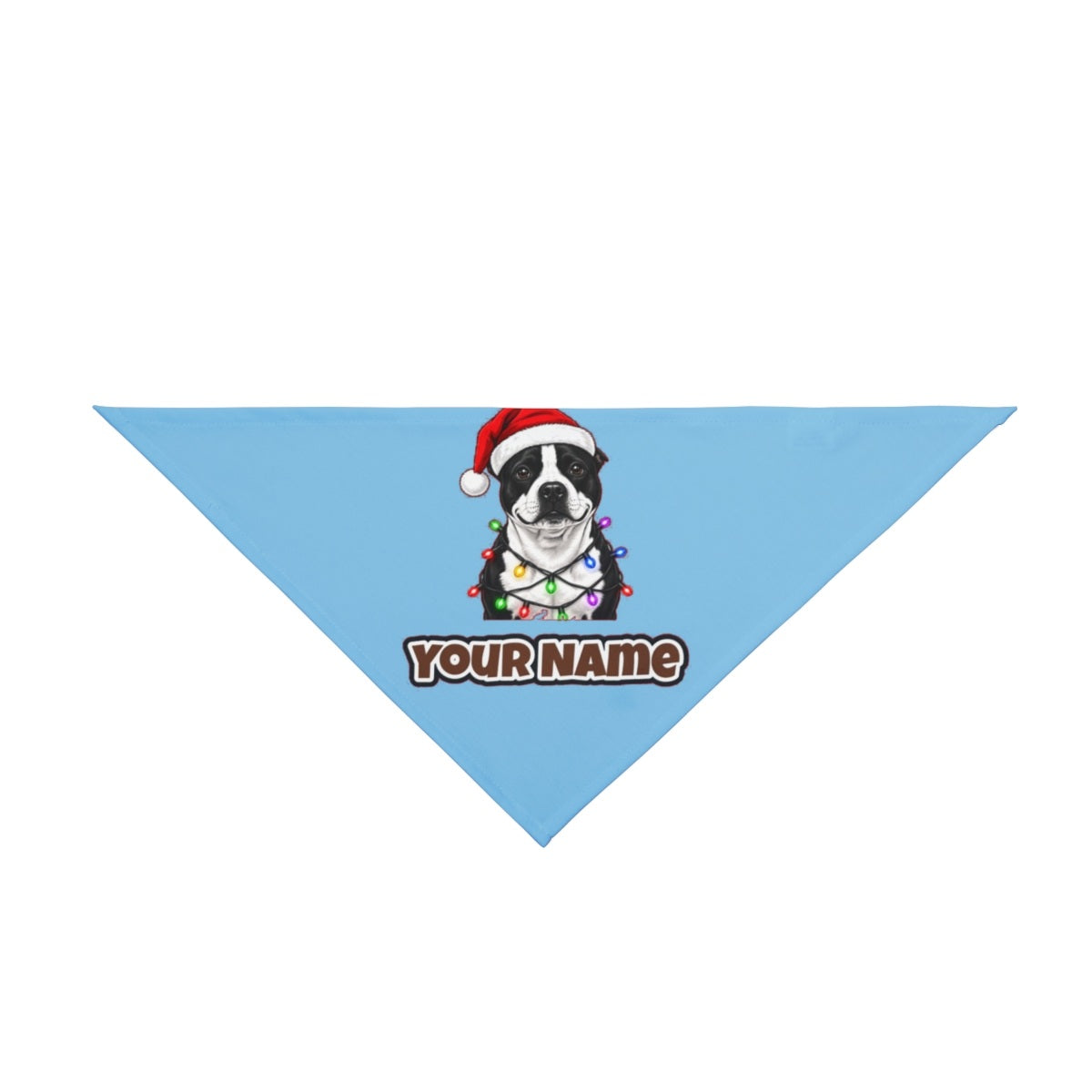 Staffy in Christmas Lights personalised Christmas pet bandana in sky blue, tie-on style