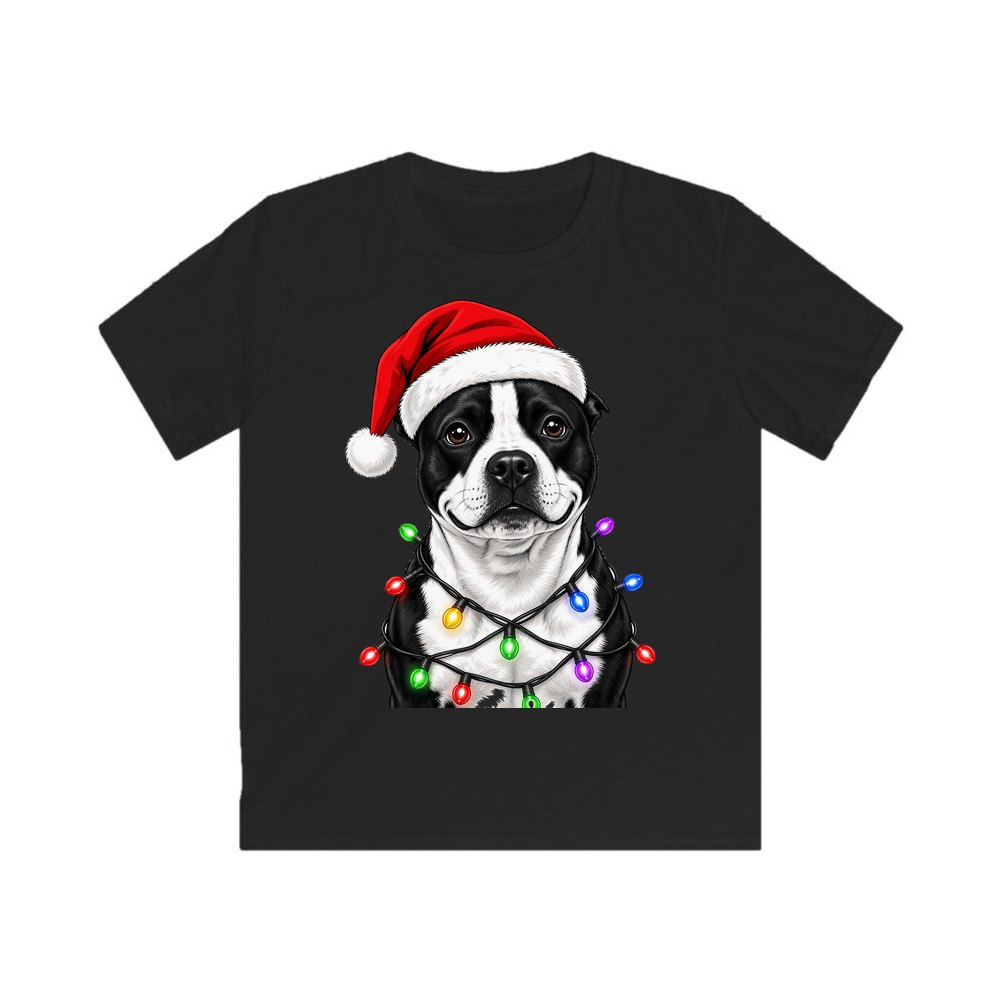 Staffy in Christmas Lights personalised kids Christmas tee in black