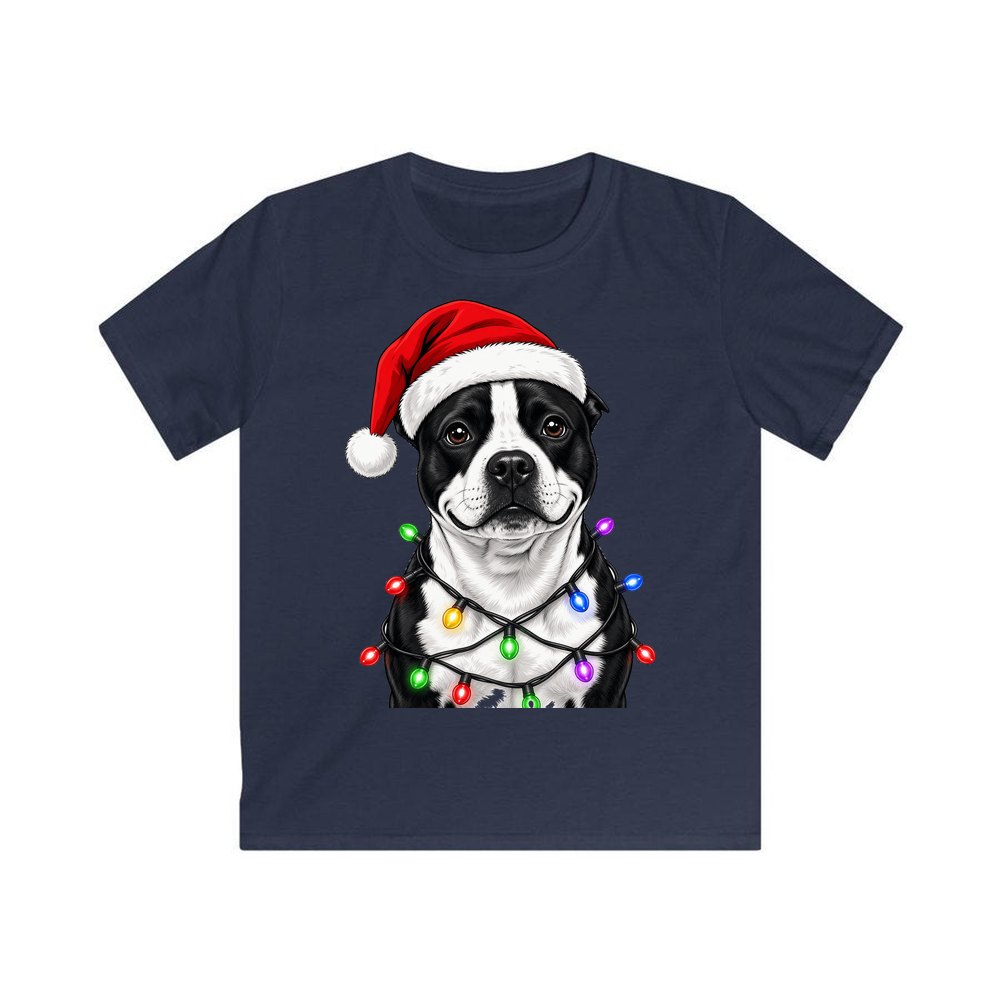 Staffy in Christmas Lights personalised kids Christmas tee in navy