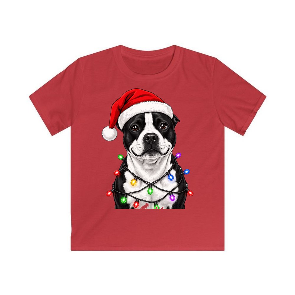 Staffy in Christmas Lights personalised kids Christmas tee in red