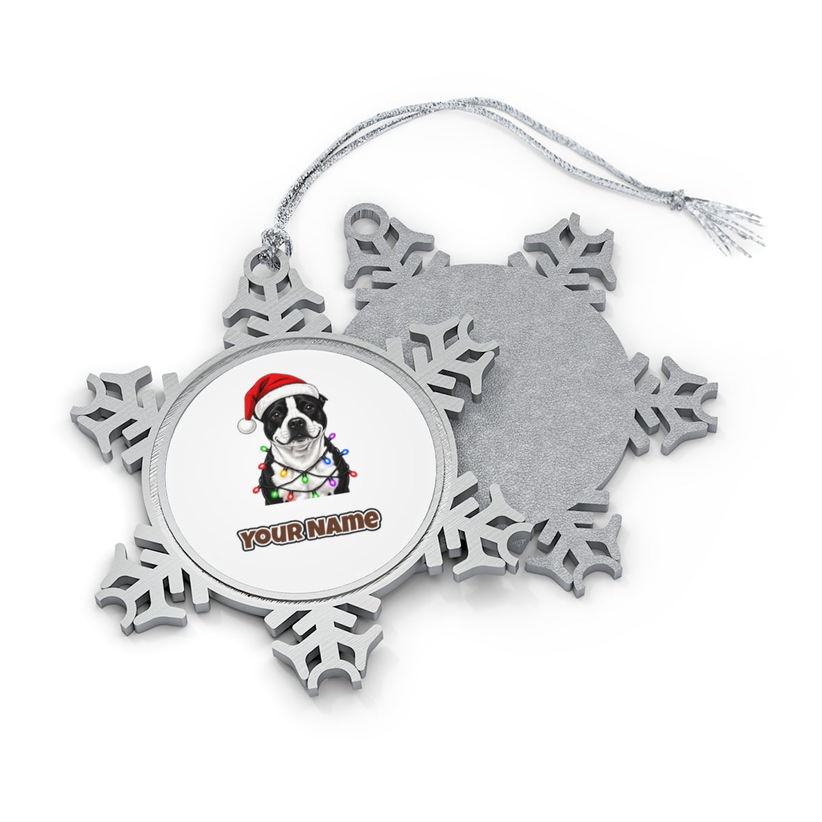 Staffy in Christmas Lights Personalised Pewter Christmas Ornament