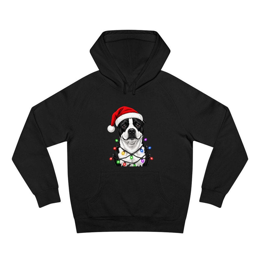 Staffy in Christmas Lights personalised Christmas hoodie in black