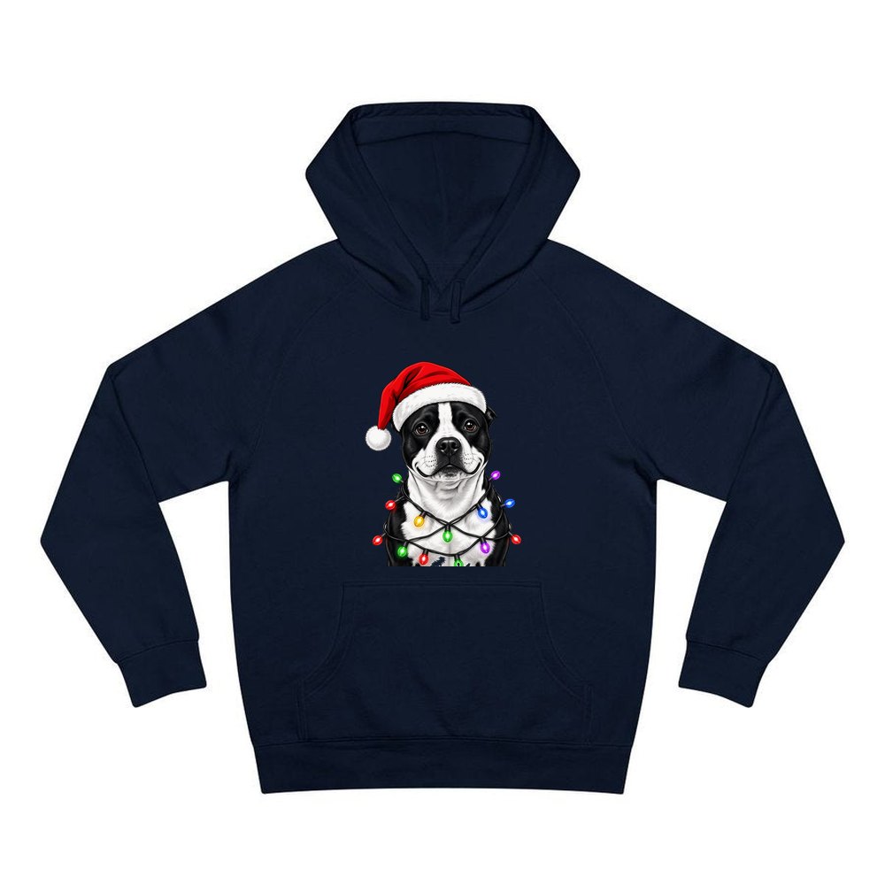 Staffy in Christmas Lights personalised Christmas hoodie in navy